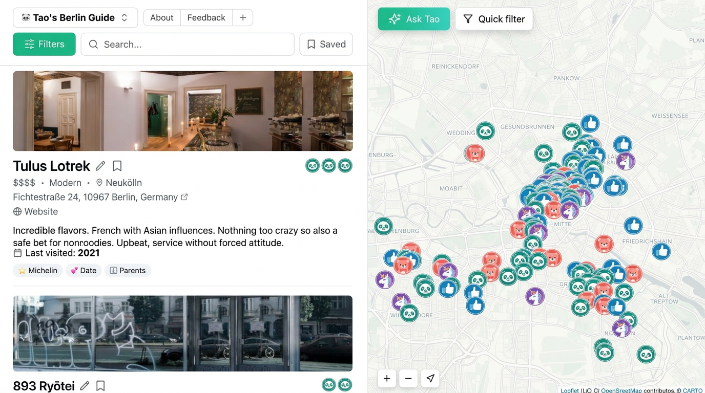 Screenshot of a Berlin restaurant guide with a list of places and a map of pinned recommendations.