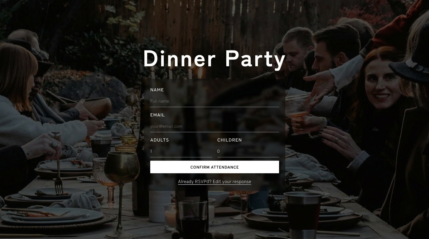Screenshot of a Dinner Party RSVP form over a candlelit outdoor dinner photo.